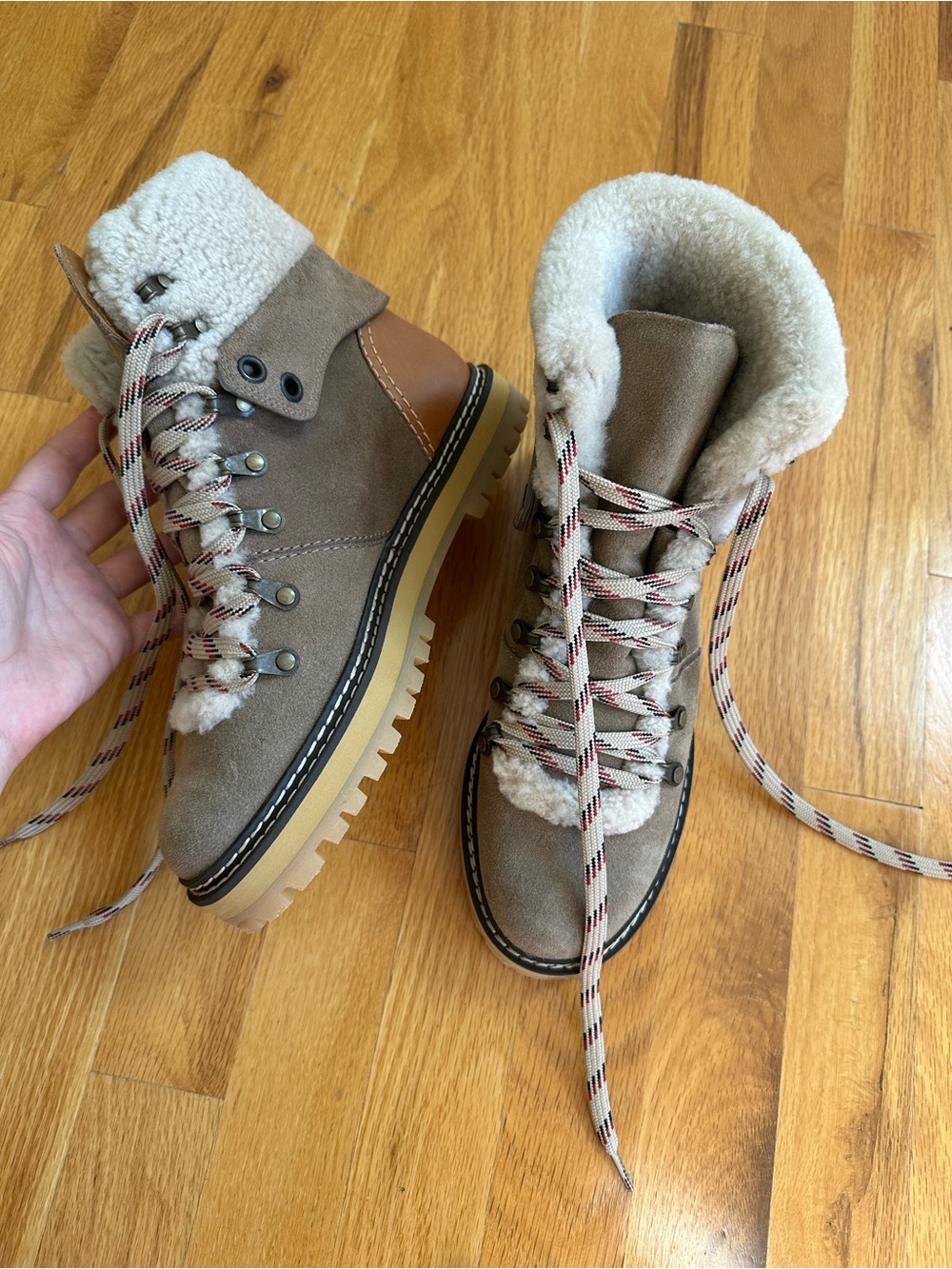 NWT See By Chloe Taupe Suede Lace-Up Sherpa Boots